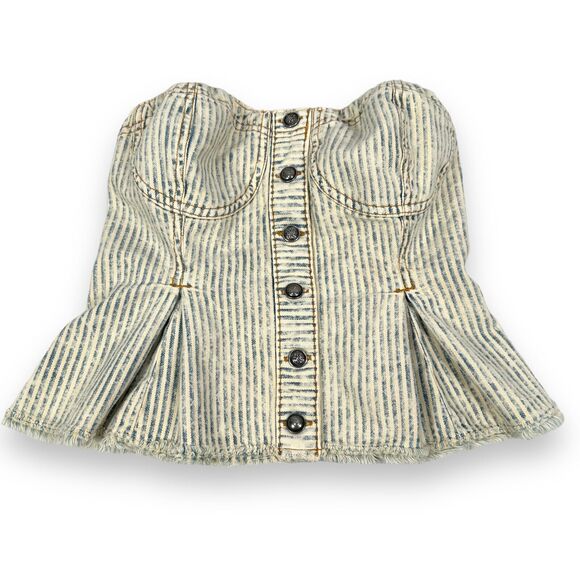 Anthropologie Pilcro Buttondown Corset Top Women's XS Striped Denim Beige Blue - Picture 1 of 10